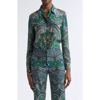 Alice & Olivia Willa Printed Silk Shirt in Bon Voyage Deep Emerald at Nordstrom, Size X-Small
