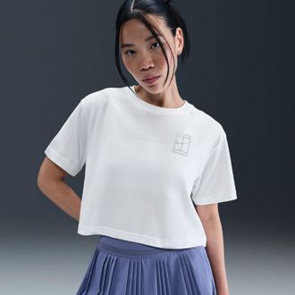 Nike Womens Slam Dri-FIT Short-Sleeve Cropped Tennis T-Shirt in White | HV6987-100