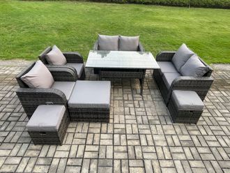 Fimous Outdoor Rattan Garden Furniture 8 piece Grey Patio Furniture Set 9 Seater Lounge Sofa Set with Rectangular Table 3 Stools in Dark Grey