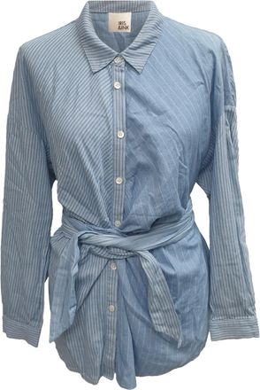 IRIS & INK Striped Button-Down Tie-Waist Shirt in Blue Cotton