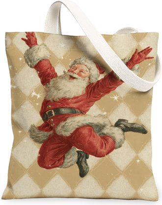 Generic Vintage Santa Canvas Tote Bags, Holiday Cheer Design Reusable Grocery Bags, Festive Lightweight Washable Shoulder Strap Can, Beige, 13x15 Inch