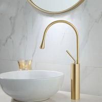 OEM Grifo De Lavabo Tipo Cascada De Lat&oacute;n - Acabado En Oro Cepillado - Agua Fr&iacute;a Y Caliente - Instalaci&oacute;n R&aacute;pida - Cartucho Cer&aacute;mico Apto Para Uso Aliment