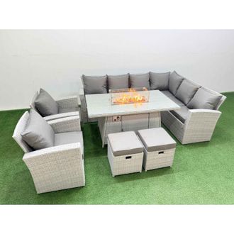 Fimous Rattan Corner Sofa Chair Set Outdoor Furniture Garden Dining Set Gas Fire Pit Table with Temper Glass 2 Footstools Light Grey Mixed - Fimous