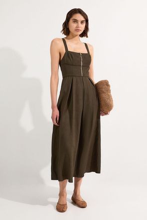 Karen Millen Womens Premium Linen Twill Top Stitch Strappy Woven Zip Front Midi Dress - Khaki Viscose - Size 10 UK