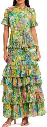 Mac Duggal Floral Printed Chiffon Tiered Ruffle Gown in Green Multi at Nordstrom, Size 14