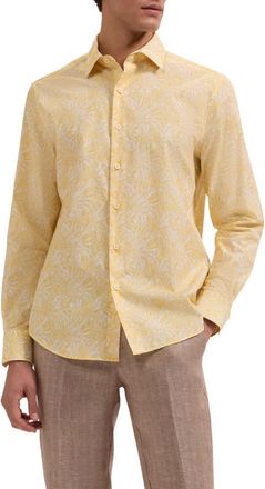 Bugatchi Julian Shaped Fit Leaf Print Cotton Button-Up Shirt in Jojoba at Nordstrom, Size Xx-Large
