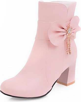 Generic Womens Elegant Ankle Boots Block Heel Round Toe Short Boots with Bow Detail, Tassel & Side Zip PU Leather for Office Wear & Daily Outing Soft Inner Li