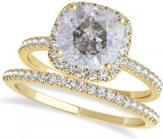 Allurez Cushion Salt & Pepper Diamond Halo Bridal Set French Pave 14k Yellow Gold 1.72ct