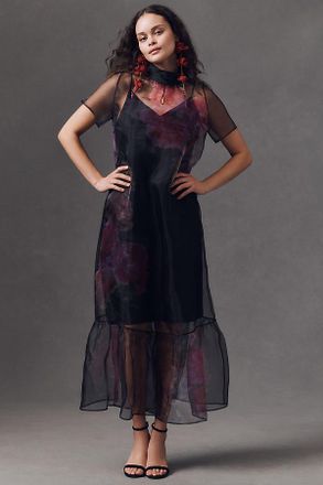 BHLDN Carina Short-Sleeve High-Neck Organza Midi Dress