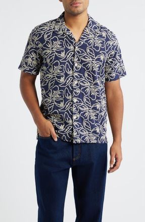 Paul Smith Casual Fit Floral Embroidered Camp Shirt in Very Dark Navy at Nordstrom, Size Xx-Large
