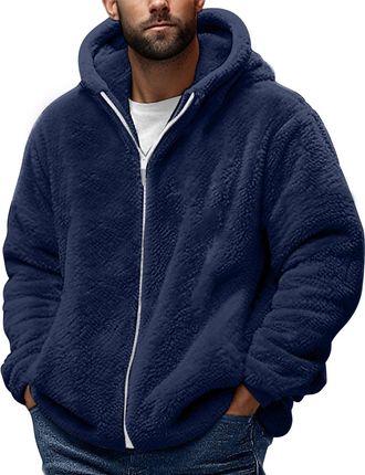 Generic Mens Fleece Full Zip Navy Hoodie Fluffy Sherpa Jacket Long Sleeve Comfy Hoody Zip Up Winter Sherpa Fleece Jackets Warm Coat Thick Thermal Hooded Sweat