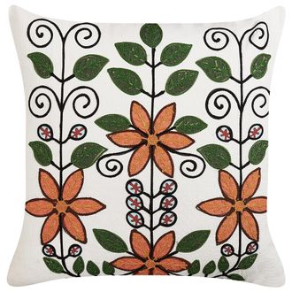 Beliani Coj&iacute;n De Algod&oacute;n Blanco Naranja Verde Negro 50 X 50 Cm Patr&oacute;n Floral Vellore