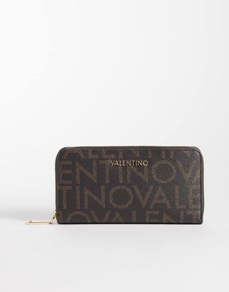 Valentino portafoglio con zip tutto intorno con stampa monogram marrone