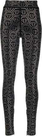 Philipp Plein monogram-print embellished leggings - women - Cotton - M - Black