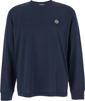 Stone Island Blue Crewneck Sweater With Logo Patch In Cotton Man