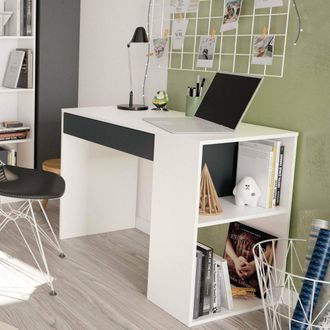 Dmora Dmora Escritorio Boise, Escritorio Reversible Con Caj&oacute;n, Mesa De Estudio U Oficina Para Pc, Cm 101x50h73, Blanco Y Antracita, Con Embalaje Reforzado