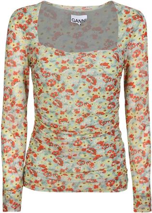 Ganni Floral Print Mesh Top - Dames - Longsleeves - Veelkleurig - L - Nylon - Tops