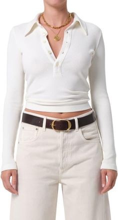 Citizens Of Humanity Long Sleeve Rib Polo in Pashmina Off White at Nordstrom, Size X-Small