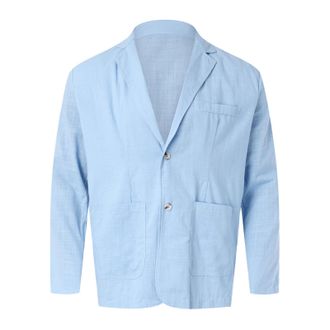 Generic Mens Linen Blazer Business Office Turn-Down Collar Solid Color Jacket Loose Simple Versatile Suit Casual Sport Coat with Double Pockets u10 Blue