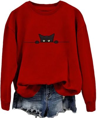 Generic Funny Cute Black Cat Sweatshirt for Women Crew Neck Long Sleeve Print Pullover Cute Kitten Top