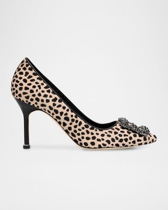 Manolo Blahnik 90mm Hangisi Calf Hair Pumps with Crystal Buckle