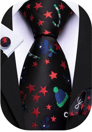 Barry.Wang Black Christmas Tie Xmas Necktie Silk Funny Pocket Square Cufflinks Holiday Festive