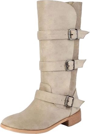 Generic Womens Retro Mid Calf Boots Round Toe Med Block Heel With Platform And Adjustable Side Buckle Strap Closure