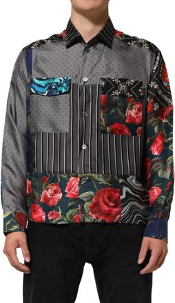 Dolce & Gabbana Multicolor Patchwork Long Sleeves Silk Mens Shirt