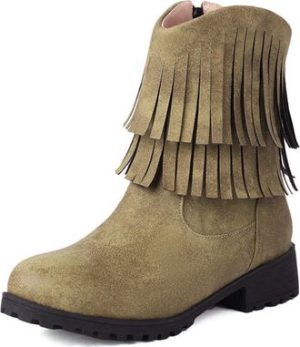 Generic Womens Mid Calf Boots Double Layer Fringe Faux Suede Upper Round Toe Low Block Heel Lug Sole Side Zip Closure Soft Lining Cushioned Insole Anti Slip,G