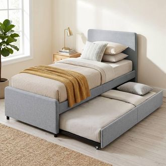 HOMCOM 90 x 190 cm Upholstered Single Bed, Pull Out Trundle Bed in Light Grey