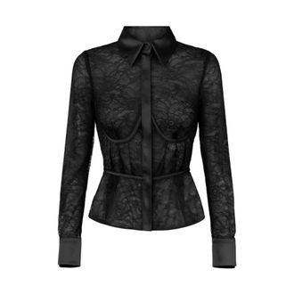 Elisabetta Franchi Overhemden, Dames, Zwart, M, Bloemen kanten blouse