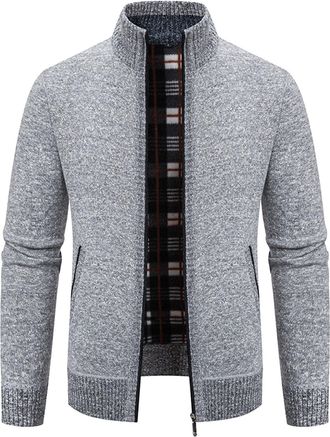Generic Mens Knitted Cardigan Sweater Mens Chunky Knitted Sweater Cardigan Turn Down Collar Fleece Lined Zipper Winter Jumper Chunky Knit Jacket Grey