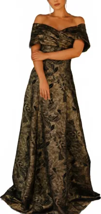Terani Couture Pleated Off-Shoulder Evening Dress In Black/gold