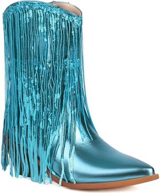 Generic Womens Metallic Tassel Cowgirl Boots Mid Calf Pull On Pointed Toe Chunky Heel Winter Party Dress Shoes (5.5,Blue)