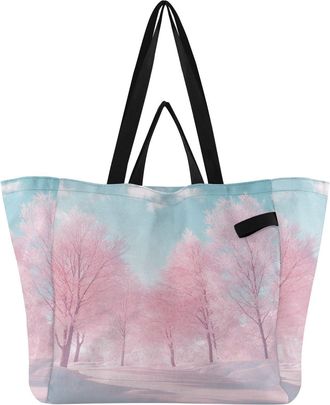 Generic Icy Trees Pink pattern Reusable Canvas Tote Bag, Heavy Duty Grocery Shopping Bag with Double Handles Hard Bottom Large Capacity Work Groceries Travel