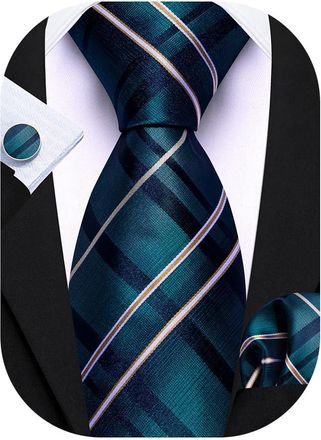 Barry.Wang Turquoise Tie Silk Tartan Necktie Mens Plaid Pocket Square Cufflinks Sets Formal Wedding