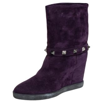 Le Silla Purple Suede Embellished Mid Calf Boots