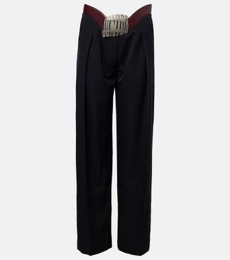 Jean Paul Gaultier Leather-trimmed wool wide-leg pants