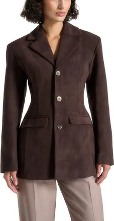 Mani&egrave;re De Voir Claire Suede Wide Shoulder Cinch Waist Blazer in Brown at Nordstrom, Size 12