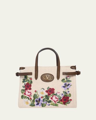 Valentino Garavani Antibes Small Floral-Embroidered Shopping Tote Bag