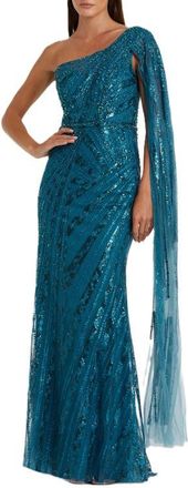 Mac Duggal One Shoulder Cape Sleeve Embellished Gown in Ocean Blue at Nordstrom, Size 12