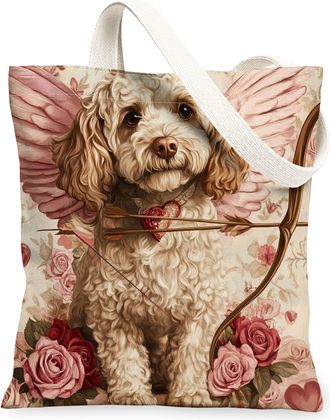 Generic Valentines Day Doberman Dog Canvas Tote Bag for Shopping 13x15, Vintage Puppy Reusable Grocery Print Bag for Women, Retro Pet Beach Aesthetic Painting