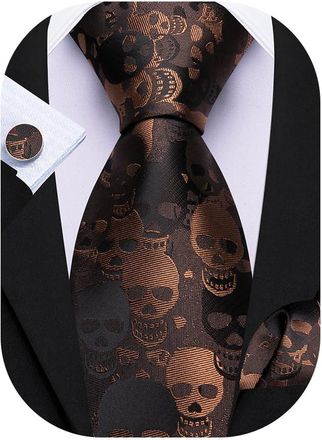 Barry.Wang Mens Brown Ties Silk Funny Skull Necktie Handkerchief Cufflinks Set Party Halloween Christmas