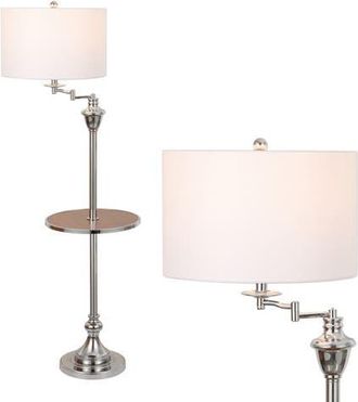 Jonathan Y Designs Cora Modern Metal LED Floor Lamp with Integrated Glass Side Table and Swing Arm in Chrome/brown Wood at Nordstrom