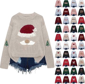 Generic Christmas Jumpers for Women 2025 Trendy Xmas Graphic Print Long Sleeve Crew Neck Knitted Pullover Sweaters Casual Loose Tops, A04-Wine, S