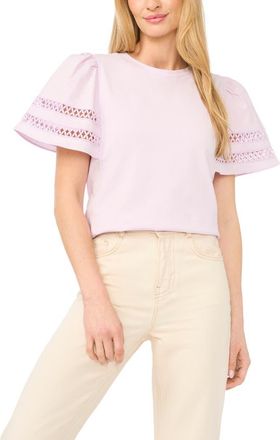 CeCe by Cynthia Steffe Embroidered Detail Short Sleeve Cotton Top in London Fog at Nordstrom, Size Xx-Large