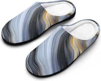 Generic Gold And Black Agate Print Mens House Slippers Memory Foam Washable Cotton Slip on Home Shoes