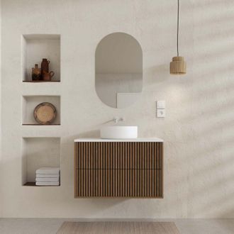 Aurlane Aurlane - Mueble De Ba&ntilde;o 60 - 2 Cajones Roble Y Negro - Lavabo &Oslash;36 - Espejo Oval