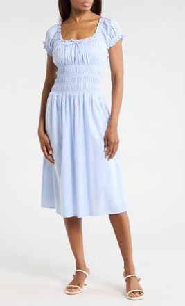 Wayf Shirred Cotton Midi Dress in Blue at Nordstrom Rack, Size X-Large