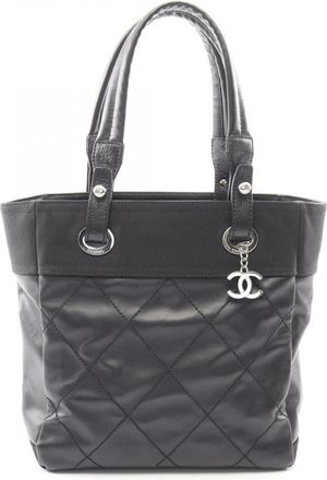 Chanel Black Coated Canvas Leather Handbag Tote Bag (Pre-Owned)